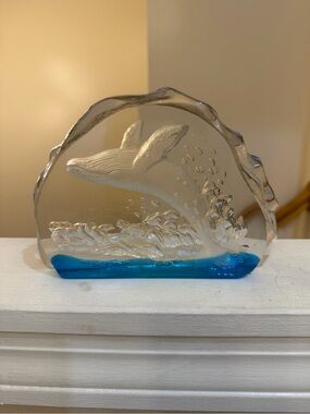 Vintage ADI Art Glass Signed Reverse Carved Whale Iceberg Paperweight